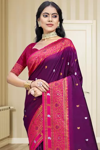 Sangam prints wine silk woven work traditional saree