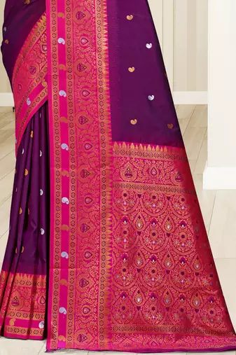 Sangam prints wine silk woven work traditional saree