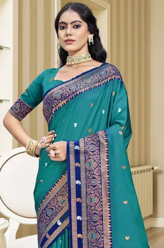Sangam prints sky blue silk woven work traditional saree