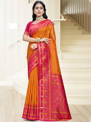 Sangam prints orange silk woven work traditional saree 1