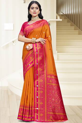 Sangam prints orange silk woven work traditional saree