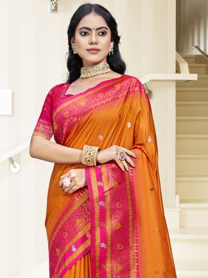 Sangam prints orange silk woven work traditional saree 2