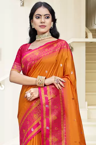 Sangam prints orange silk woven work traditional saree