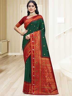 Sangam prints bottle green silk woven work traditional saree 1