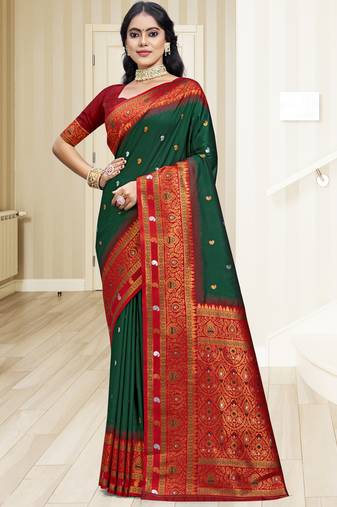 Sangam prints bottle green silk woven work traditional saree