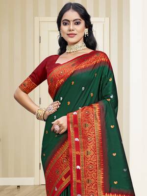 Sangam prints bottle green silk woven work traditional saree 2