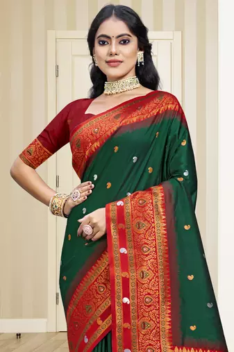Sangam prints bottle green silk woven work traditional saree