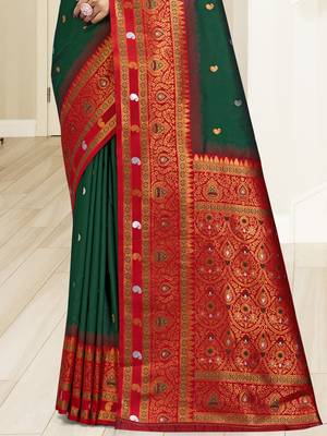 Sangam prints bottle green silk woven work traditional saree 3