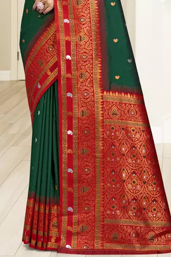 Sangam prints bottle green silk woven work traditional saree