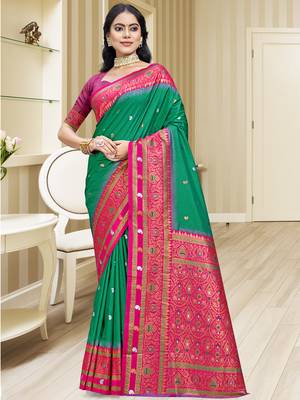 Sangam prints teal green silk woven work traditional saree 1