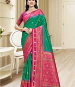 Sangam prints teal green silk woven work traditional saree