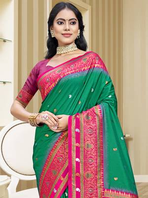 Sangam prints teal green silk woven work traditional saree 2