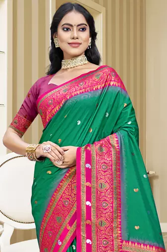 Sangam prints teal green silk woven work traditional saree