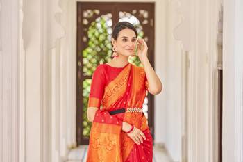 Red Kalandi silk Women'S silk Blend Woven Designer Saree With For Blouse 4