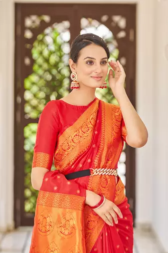 Red Kalandi silk Women'S silk Blend Woven Designer Saree With For Blouse