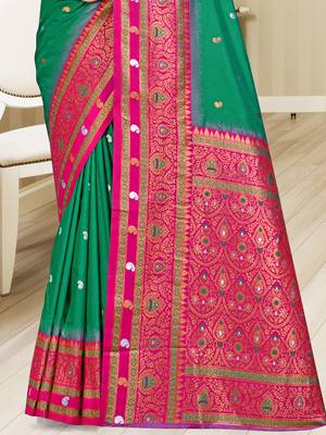 Sangam prints teal green silk woven work traditional saree 3
