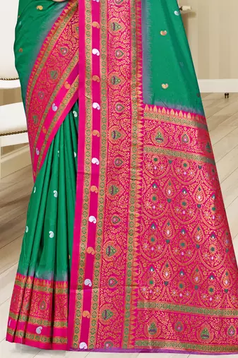 Sangam prints teal green silk woven work traditional saree