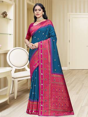 Sangam prints blue silk woven work traditional saree 1