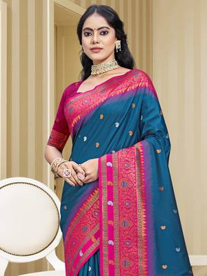 Sangam prints blue silk woven work traditional saree 2