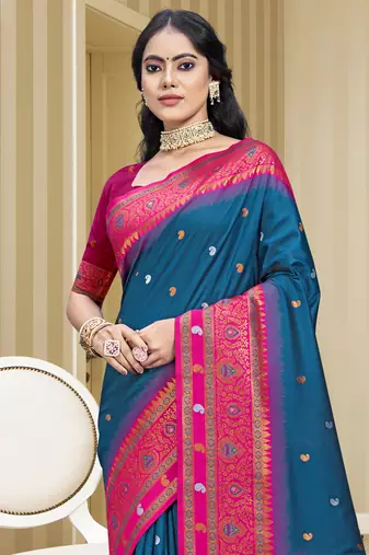 Sangam prints blue silk woven work traditional saree