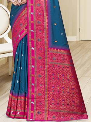 Sangam prints blue silk woven work traditional saree 3