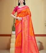 Sangam prints orange silk woven work traditional saree