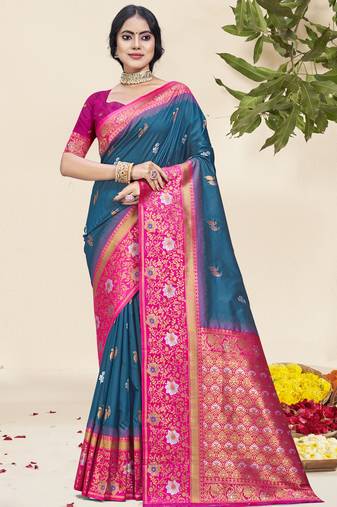 Sangam prints blue silk woven work traditional saree