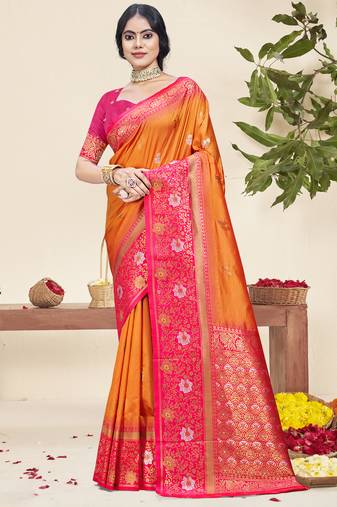 Sangam prints orange silk woven work traditional saree