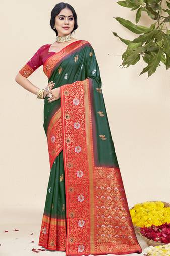 Sangam prints bottle green silk woven work traditional saree