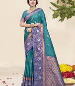 Sangam prints sky blue silk woven work traditional saree