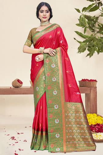 Sangam prints dark pink silk woven work traditional saree