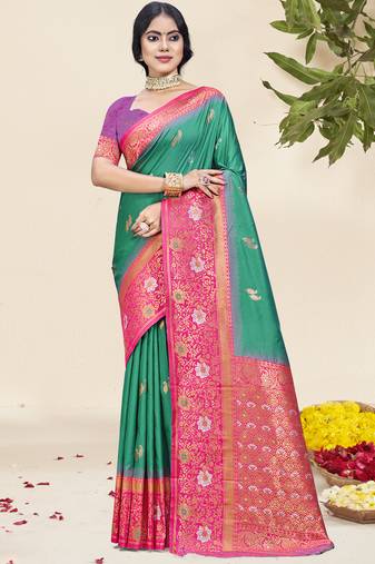 Sangam prints teal green silk woven work traditional saree