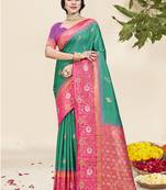 Sangam prints teal green silk woven work traditional saree