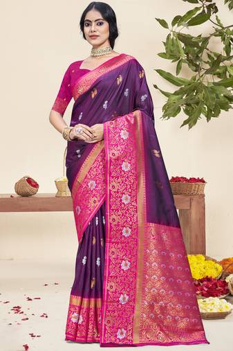 Sangam prints wine silk woven work traditional saree