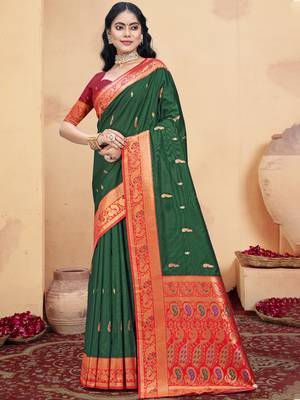 Sangam prints bottle green silk woven work traditional saree 1
