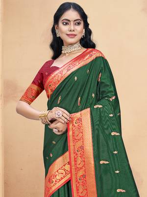 Sangam prints bottle green silk woven work traditional saree 2
