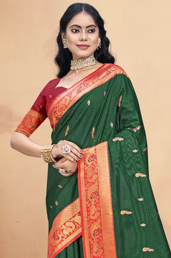 Sangam prints bottle green silk woven work traditional saree