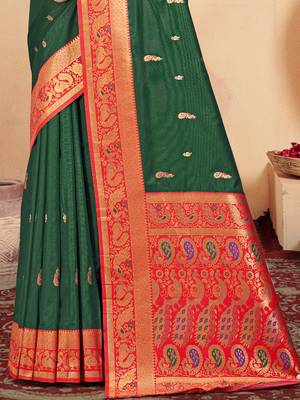 Sangam prints bottle green silk woven work traditional saree 3