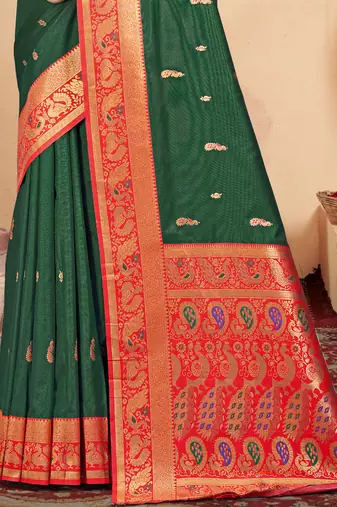Sangam prints bottle green silk woven work traditional saree