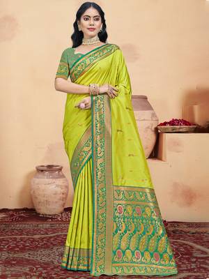 Sangam prints parrot green silk woven work traditional saree 1