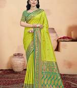 Sangam prints parrot green silk woven work traditional saree