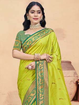 Sangam prints parrot green silk woven work traditional saree 2