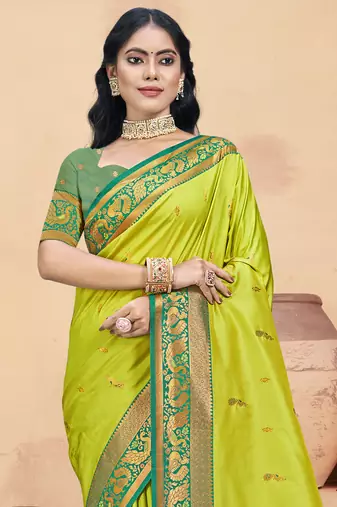 Sangam prints parrot green silk woven work traditional saree