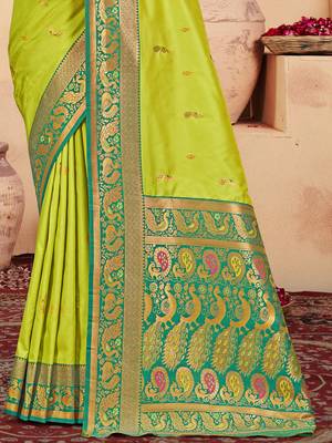 Sangam prints parrot green silk woven work traditional saree 3