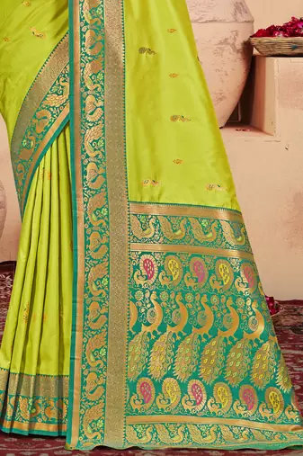 Sangam prints parrot green silk woven work traditional saree