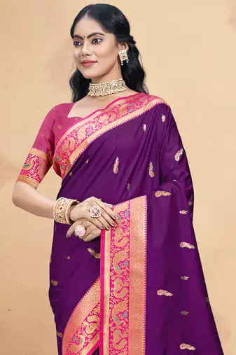Sangam prints wine silk woven work traditional saree