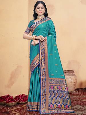Sangam prints sky blue silk woven work traditional saree 1