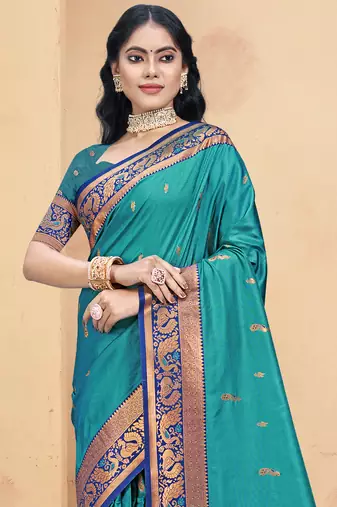 Sangam prints sky blue silk woven work traditional saree