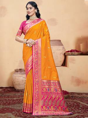 Sangam prints mustard silk woven work traditional saree 1