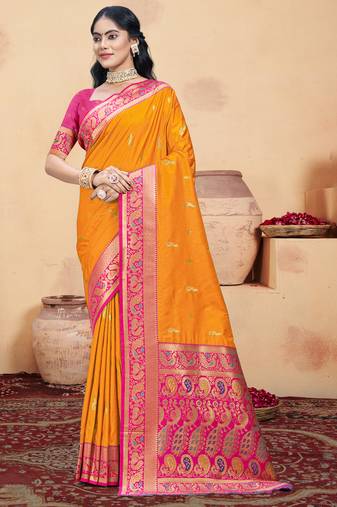 Sangam prints mustard silk woven work traditional saree